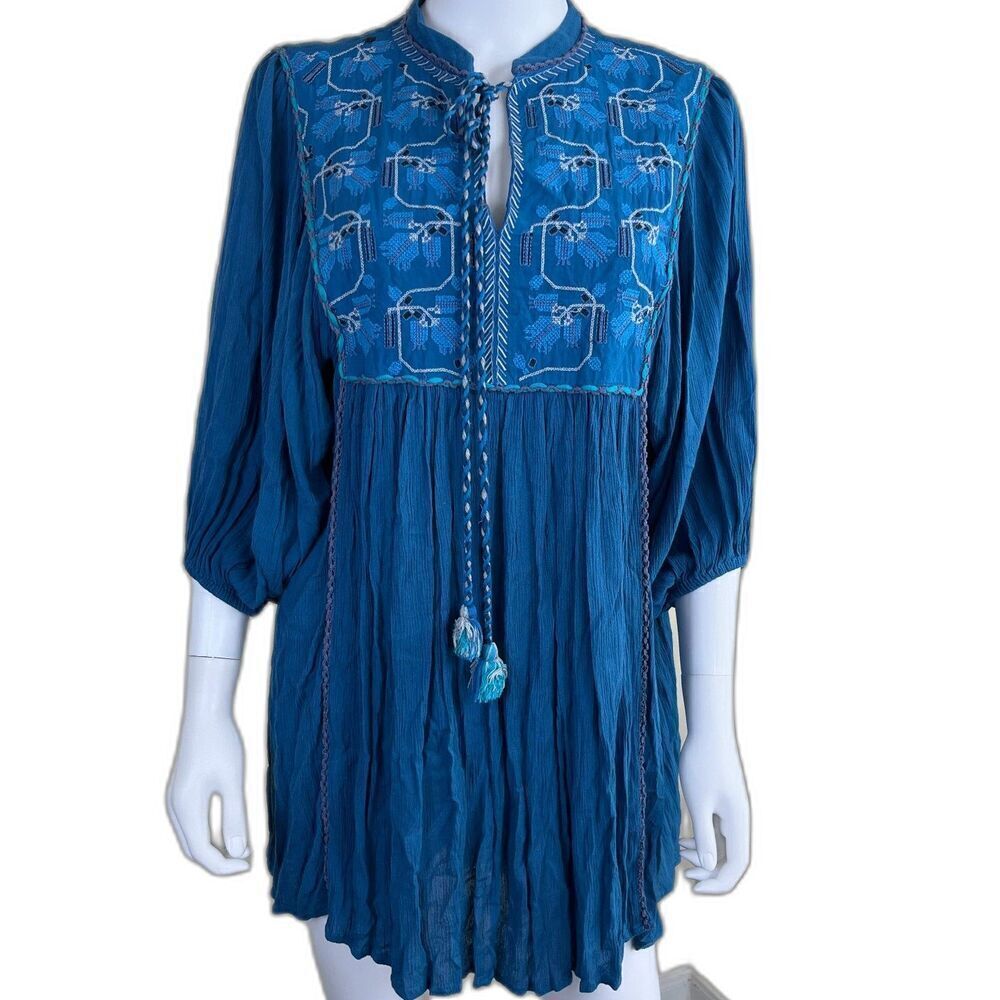Blank London Women's Size XS Blue Floral Embroidered Babydoll Tunic Mini Dress